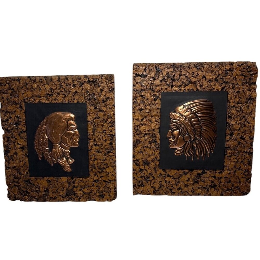 Native American Wall Art Chiefs Textured Cork Background Rustic Copper Set Of 2